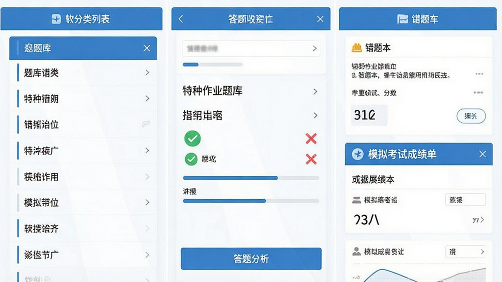 特种作业题库帮软件功能展示图,画面采用分栏布局,左侧展示题库分类列表,中间是答题界面,右侧是错题本和模拟考试成绩单,整体风格为扁平化设计,配色以蓝色和白色为主,细节包括题目文字、对勾与叉号图标、进度条、分数数字,画质清晰,干净整洁,无多余装饰元素