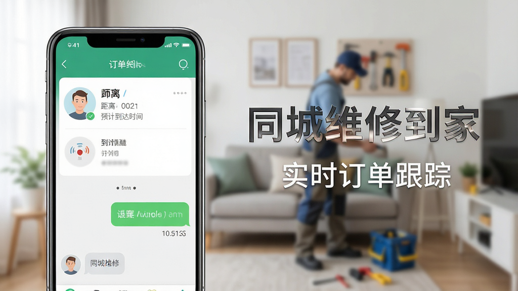 一张展示同城维修到家订单跟踪界面的手机截图风格图,画面中一部手机显示着订单详情页,包括师傅头像、距离、预计到达时间以及聊天对话框,背景是模糊的家庭维修场景,风格简洁现代,文字标注“同城维修到家”和“实时订单跟踪”,画质高清,画面干净