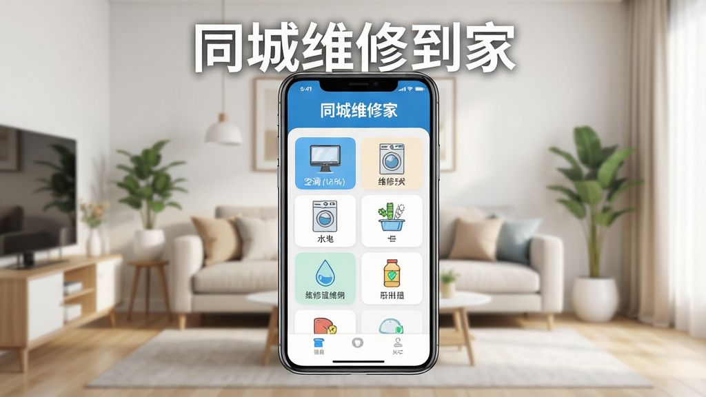 一张展示同城维修到家软件界面的手机模型图,画面中央是一部现代智能手机,屏幕上显示着维修到家APP的主页,包含维修分类图标如空调、洗衣机、水电等,背景是干净整洁的家庭客厅环境,采用写实风格,色彩明亮柔和,细节清晰,画质高清,画面干净无多余元素,手机屏幕上方有醒目的文字“同城维修到家”