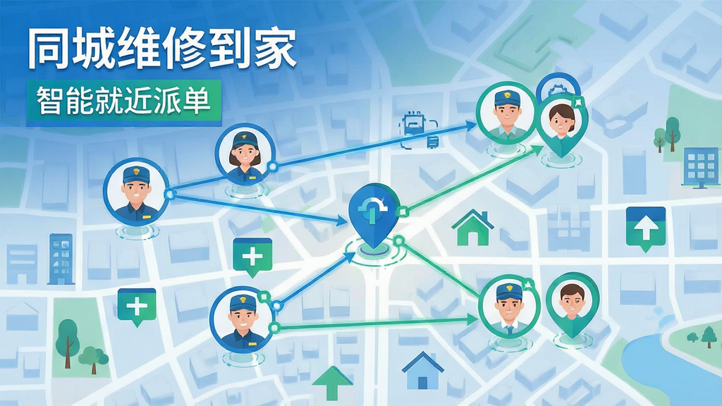 一张展示同城维修到家智能派单功能的示意图,画面以城市地图为背景,地图上分布着多个维修师傅的头像图标和用户需求图标,系统正在用线条连接匹配,画面风格为扁平化科技感,色彩以蓝色和绿色为主,文字标注“同城维修到家”和“智能就近派单”,画质清晰,干净整洁