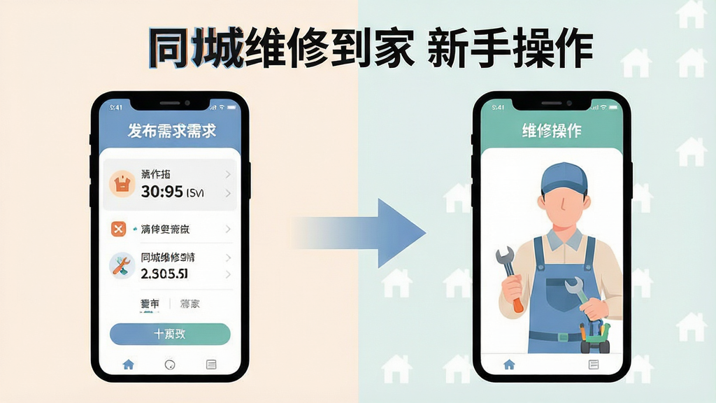 一张展示同城维修到家新手操作指引的示意图,画面分为左右两部分,左侧为手机界面展示发布需求步骤,右侧为维修师傅接单界面,中间用箭头连接,风格为扁平化教程图解,色彩柔和,文字标注“同城维修到家 新手操作”,画质清晰,干净无多余元素