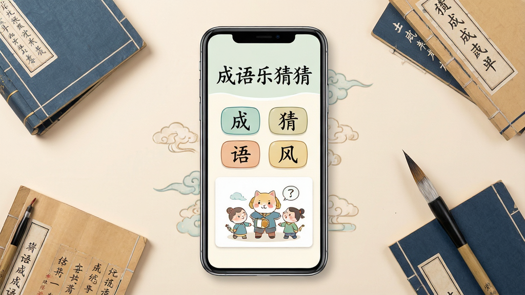 成语乐猜猜软件主界面展示,画面中央放置一款智能手机,手机屏幕上显示成语猜谜游戏界面,包含