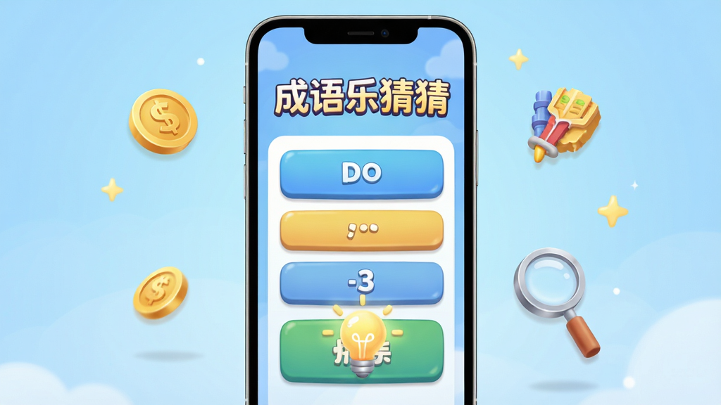 成语乐猜猜提示功能界面展示,画面中央一部手机显示游戏关卡界面,屏幕上有