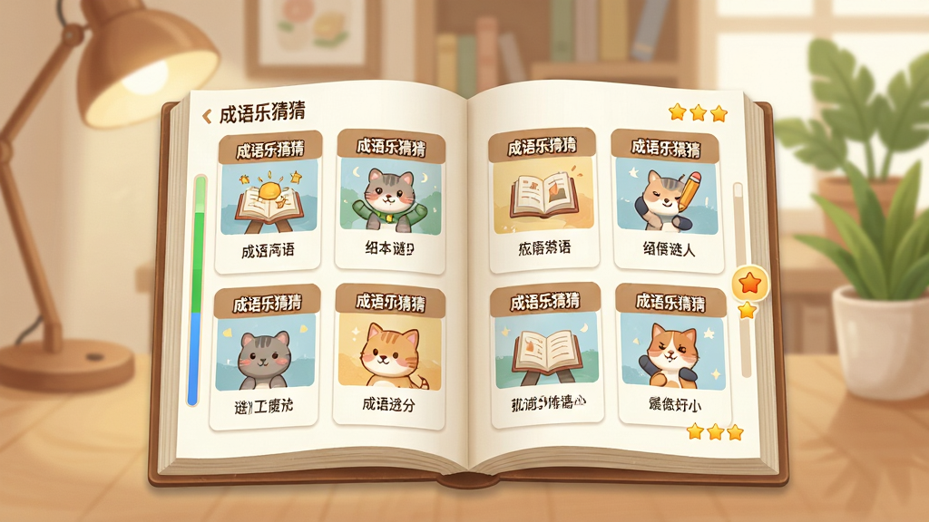 成语乐猜猜题库界面展示,画面展示一本翻开的电子书,书页上排列着多道成语题目卡片,每张卡片上有