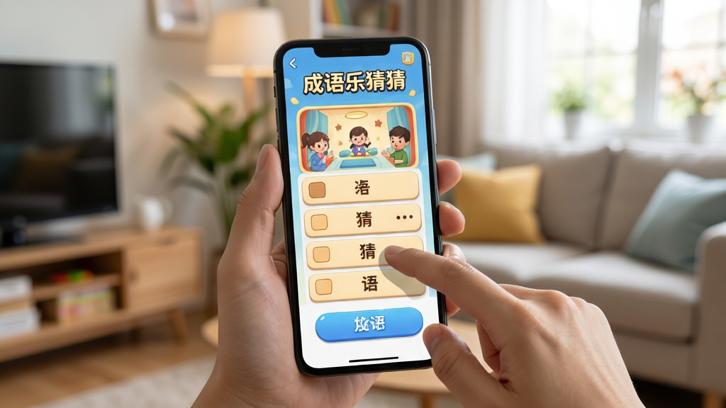 成语乐猜猜移动端操作演示,画面展示一只手拿着手机,手机屏幕上显示