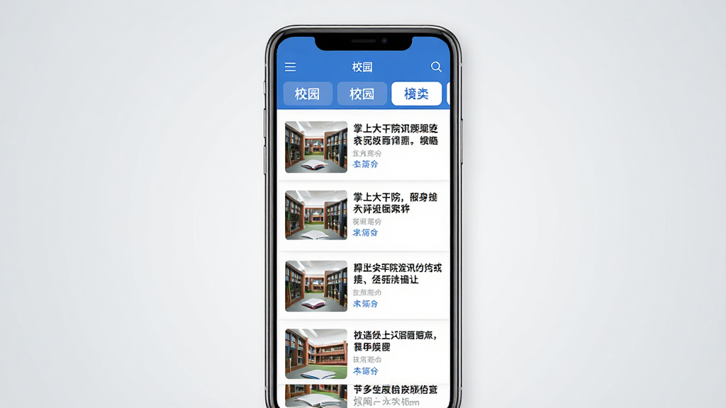 一张展示掌上大干院资讯页面的手机界面图,画面主体为手机屏幕,屏幕内显示校园新闻列表,每条新闻带有缩略图和标题文字,顶部有分类标签,界面风格简约现代,配色以蓝白为主,背景为浅灰色渐变,画质清晰,干净,无多余元素