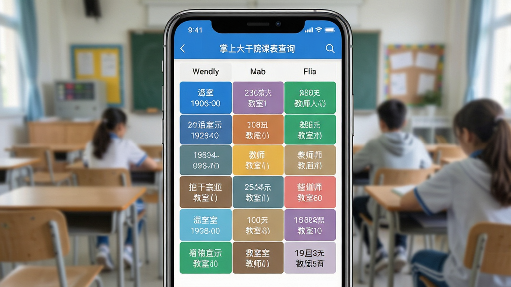 一张展示掌上大干院课表查询功能的手机截图效果图,手机屏幕内显示一周课程表格,不同课程用不同颜色色块区分,课程名称、教室、教师信息排列整齐,界面设计清爽,蓝白配色,背景为虚化的教室场景,画质清晰,干净,无多余元素