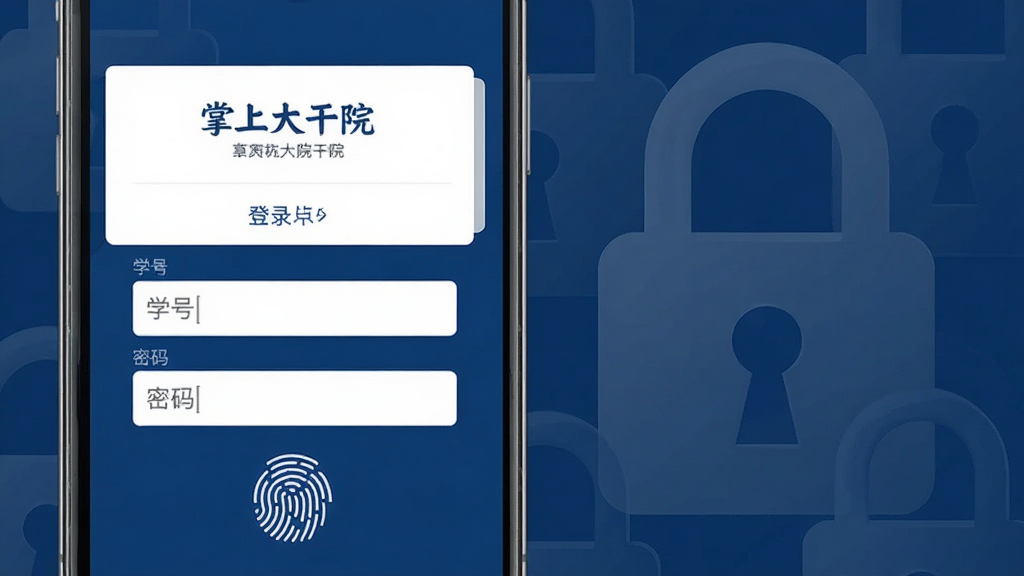 一张展示掌上大干院登录与安全设置页面的手机界面图,手机屏幕内显示登录框、学号输入区域、密码输入区域以及指纹识别图标,界面风格稳重专业,配色以深蓝和白色为主,背景为抽象的安全锁图案,画质清晰,干净,无多余元素