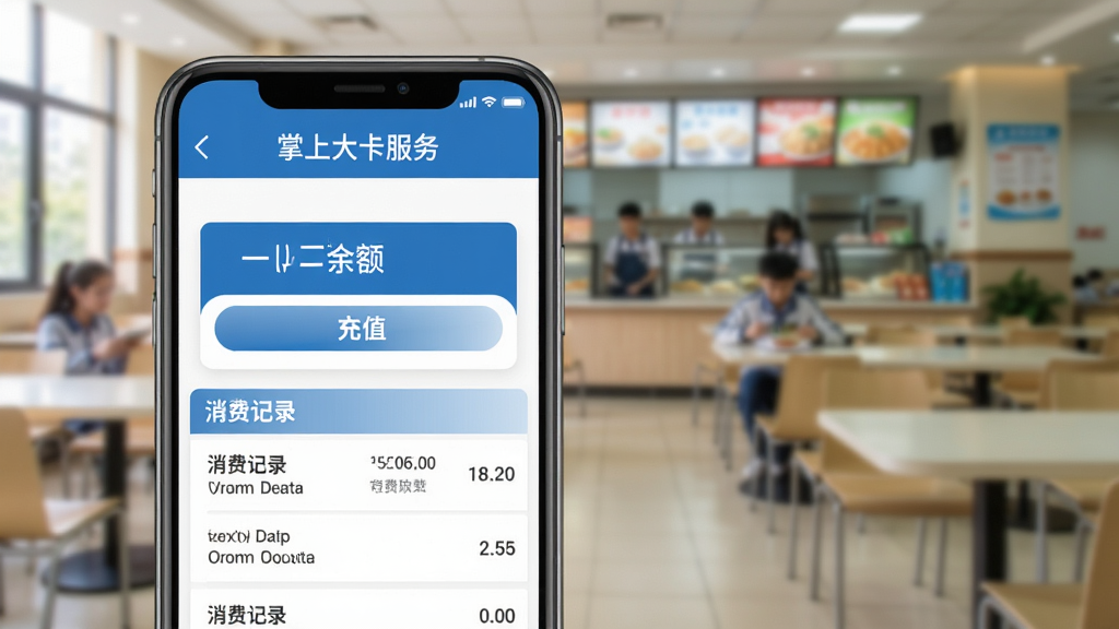 一张展示掌上大干院一卡通服务页面的手机界面图,手机屏幕内显示一卡通余额、充值按钮、消费记录列表,界面设计简洁,配色以蓝色和白色为主,背景为虚化的校园食堂场景,画质清晰,干净,无多余元素