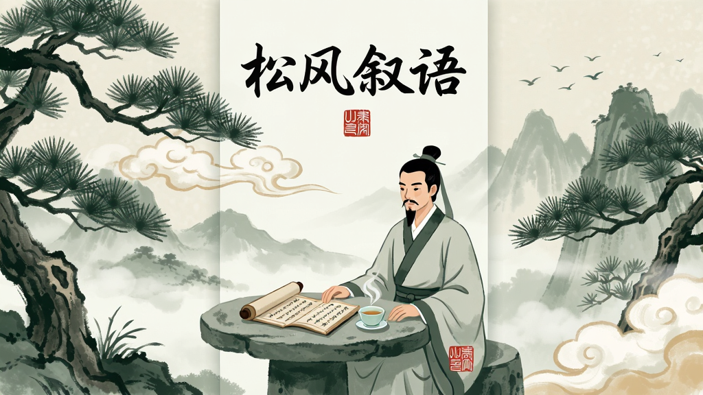一幅古典水墨风格数字插画,主体为一位身着素色汉服的文人雅士端坐于松林间的石桌旁,桌上摆放着一卷展开的古籍与一盏清茶,四周松枝摇曳、云雾缭绕,远处隐约可见山峦与飞鸟。布局采用竖版构图,上方留白处用行书字体书写“松风叙语”四个大字,下方点缀几枚朱红印章。整体风格为传统中国水墨画融合现代扁平化设计,色彩以墨绿、灰白、淡赭石为主,细节包括松针纹理、书页文字、茶汤热气等。画质高清,画面干净,无多余元素,适合作为手机应用宣传图。