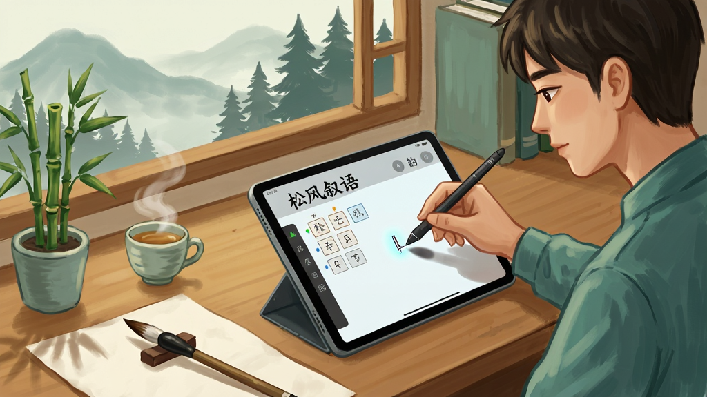 一幅描绘文人创作场景的数字绘画,主体为一位现代青年坐在书桌前,手持触控笔在平板电脑上书写诗句,平板屏幕显示“松风叙语”创作界面,界面中有平仄标注和韵脚提示。布局为斜角透视,书桌上有宣纸、毛笔、茶杯和一小盆文竹,窗外是朦胧的远山与松林剪影。风格为清新手绘风,色彩以暖木色、青绿色、米黄色为主,细节包括屏幕上的文字光标、笔尖的细微阴影、茶杯口的蒸汽等。画质高清,画面干净,无多余元素。