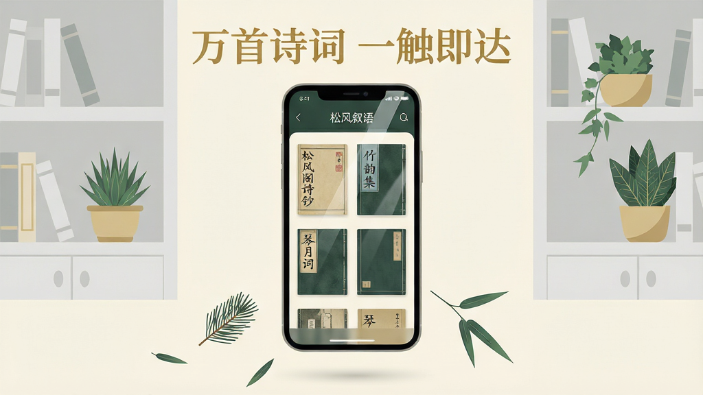 一幅展示电子书库界面的扁平化插画,画面中央是一部悬浮的智能手机,屏幕内显示“松风叙语”应用界面,界面中排列着《松风阁诗钞》《竹韵集》《琴月词》等古籍封面,背景是淡雅的浅灰色书架与几盆绿植。布局采用居中对称式,手机上方用金色字体标注“万首诗词 一触即达”,下方点缀几枚飘落的松针与竹叶。风格为现代简约科技风,色彩以米白、墨绿、浅金为主,细节包括书本纹理、屏幕反光、植物叶脉等。画质高清,画面干净,无多余元素。