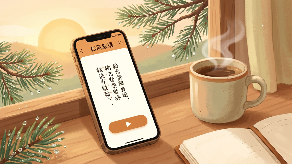 一幅描绘清晨阅读场景的插画,画面主体是一部手机放置在木质窗台上,屏幕显示“松风叙语”每日推荐界面,界面中有一首诗词和播放按钮,窗外是初升的太阳与松树枝叶。布局采用近景特写,手机旁有一杯冒热气的咖啡和一本翻开的笔记本。风格为温暖治愈系,色彩以暖橙、浅棕、淡绿为主,细节包括屏幕上的诗词文字、咖啡杯的陶瓷质感、松针的露珠等。画质高清,画面干净,无多余元素。