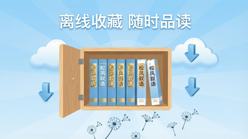 一幅展示离线收藏功能的扁平化插画,画面中央是一个打开的木质书架,书架上排列着带有“松风叙语”标志的电子书脊,书架旁漂浮着云朵与下载箭头图标,背景是柔和的浅蓝色渐变。布局采用中心放射式,书架上方用白色字体标注“离线收藏 随时品读”,下方点缀几枚蒲公英种子。风格为现代简约风,色彩以天蓝、纯白、浅木色为主,细节包括书脊上的烫金字、云朵的柔和边缘、箭头的立体感等。画质高清,画面干净,无多余元素。