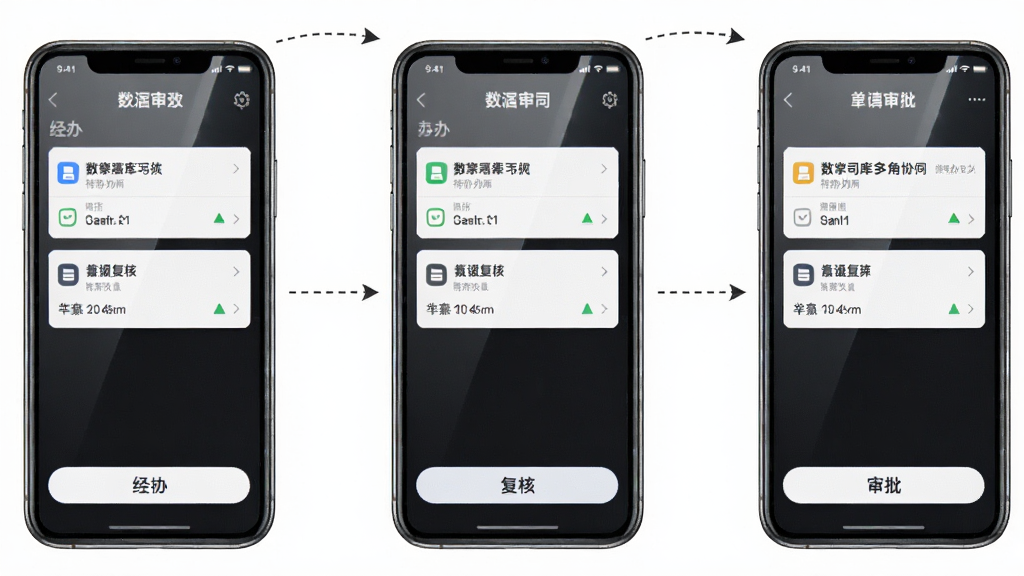 一张展示数智司库多角色协同办公功能的场景图,画面中三部手机并排排列,分别代表经办、复核、审批三个角色的操作界面,每个界面显示不同的待办任务和操作按钮。三部手机之间用虚线箭头连接,象征流程流转与协同。背景为干净的白色,整体风格简约现代,细节上手机屏幕有轻微高光,图标和文字清晰,画质高清,画面干净,无多余元素。