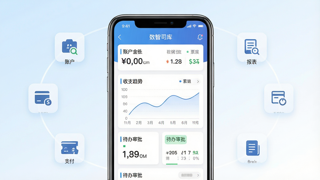 一张展示数智司库移动端应用界面的场景图,画面中央是一部手持智能手机,屏幕上清晰显示数智司库的资金总览仪表盘,包含账户余额、收支趋势图、待办审批卡片等模块。手机周围环绕着简洁的图标元素,代表账户、支付、票据、报表等功能入口。整体布局采用居中构图,背景为浅蓝色渐变到白色的干净商务风格,细节上手机边缘有轻微反光质感,图标线条简洁清晰,画质高清,画面干净,无多余元素,适合作为软件下载站配图。