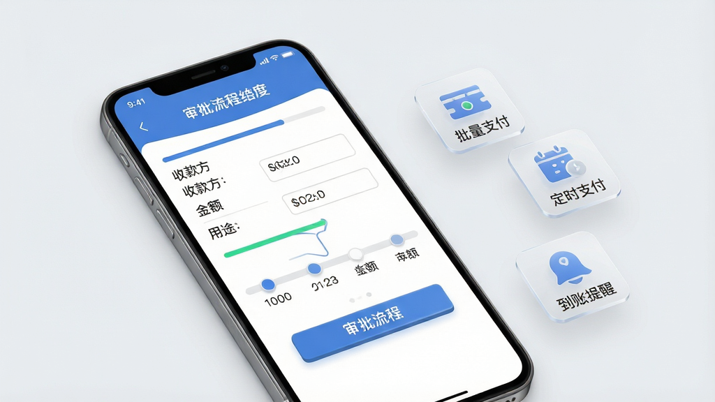 一张展示数智司库智能支付结算功能的场景化图片,画面中央是一部智能手机,屏幕上显示支付申请表单和审批流程进度条,表单中包含收款方、金额、用途等字段,审批节点以时间轴形式呈现。手机右侧悬浮着几个半透明的图标,分别代表批量支付、定时支付和到账提醒。背景为干净的浅灰色,整体风格简洁专业,细节上按钮有轻微的立体感,文字清晰可读,画质高清,画面干净,无多余元素。