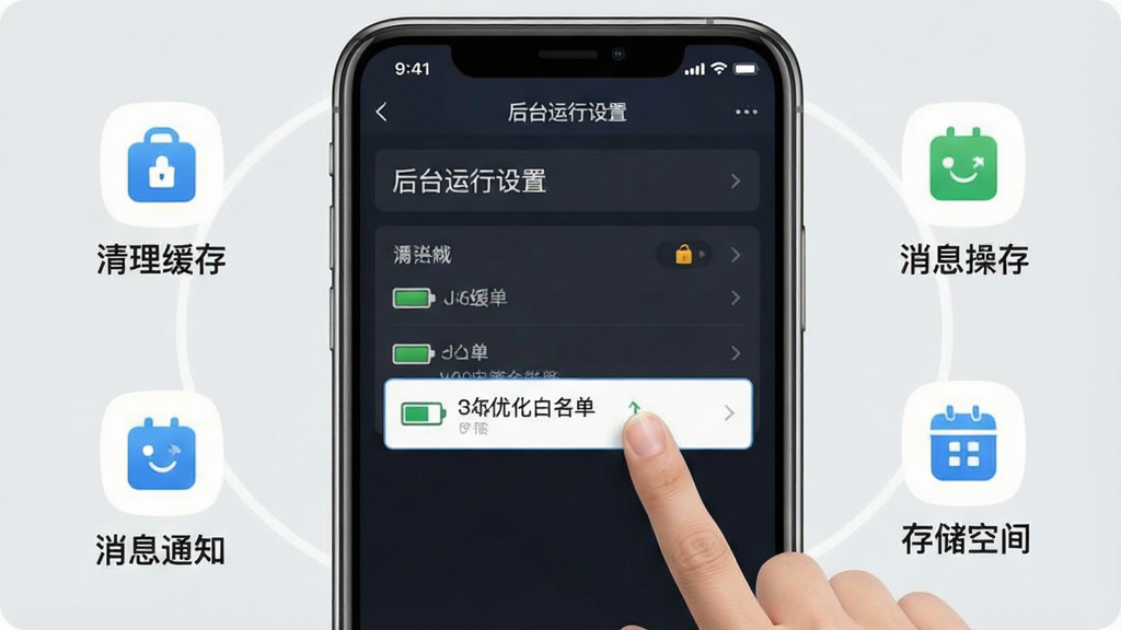 一张展示数智司库移动端操作技巧的示意图,画面主体是一部手机,屏幕上显示应用的后台运行设置界面,旁边有手指点击电池优化白名单选项的动作示意。手机周围环绕着几个小图标,分别代表清理缓存、消息通知、存储空间等概念。背景为浅灰色,整体风格简洁实用,细节上图标清晰,文字可读,画质高清,画面干净,无多余元素。