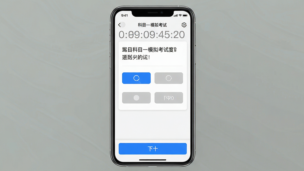 手机界面展示科目一模拟考试答题页面,主体为手机屏幕正视图,布局上方显示倒计时和题号进度,中间为题目文字和选项按钮,下方为下一题操作栏,风格为清爽简约的教育类App界面,细节包括蓝色选中状态、灰色未选状态、白色卡片背景,画质高清干净无多余元素