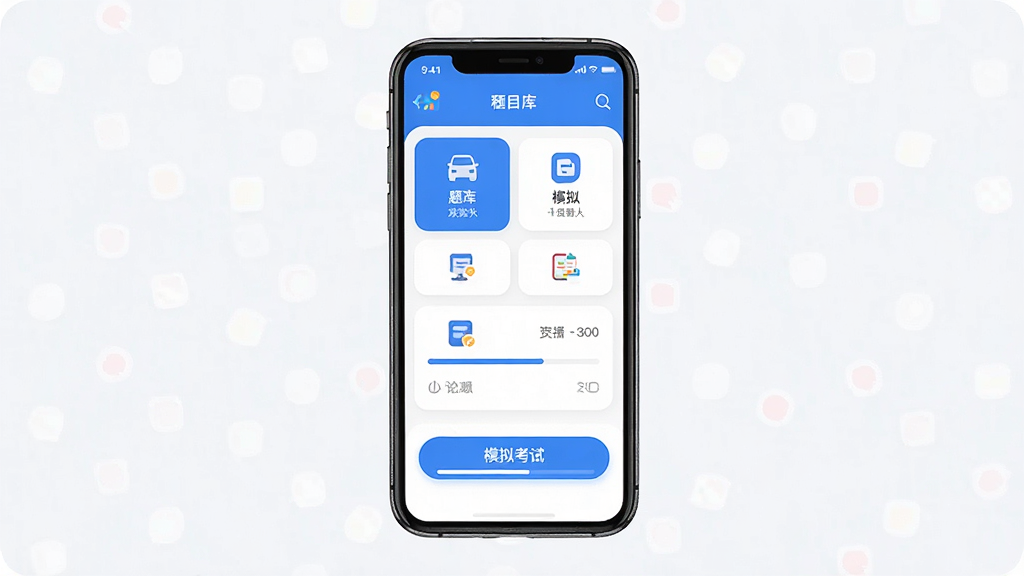 一张手机屏幕展示科目一App首页界面,主体为手机正视图居中放置,布局上屏幕内显示题库分类卡片和模拟考试按钮,排版简洁清晰,风格为现代扁平化UI设计,细节包括蓝色主色调、白色背景、圆角图标和进度条,画质高清干净无多余元素