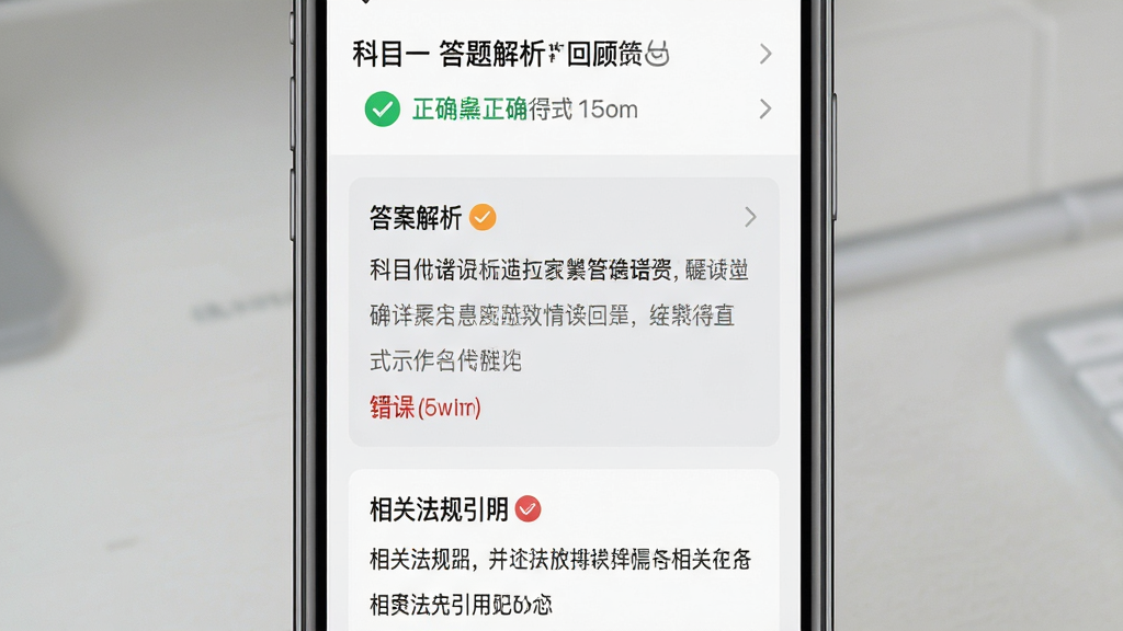 手机屏幕展示科目一答题解析页面,主体为手机正视图,布局上方为题目回顾,中间为答案解析文字区域,下方为相关法规引用卡片,风格为教育学习类界面设计,细节包括绿色正确标识、红色错误标识、浅灰色解析背景,画质高清干净无多余元素
