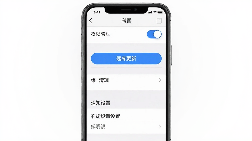 手机展示科目一App设置页面,主体为手机正视图,布局包括权限管理开关、题库更新按钮、缓存清理选项和通知设置,风格为工具类App设置界面,细节包括蓝色开关按钮、灰色分割线、白色背景,画质高清干净无多余元素