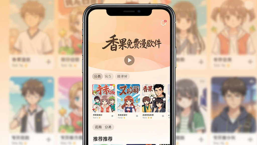 香果免费漫剧软件主界面展示,画面中央是手机屏幕,屏幕内呈现香果免费漫剧四个大字和多彩的漫画短剧封面墙,背景是柔和的浅橙色渐变,整体布局为居中构图,风格清新扁平化,细节包括播放按钮、分类标签和推荐栏目,画质高清干净无多余元素