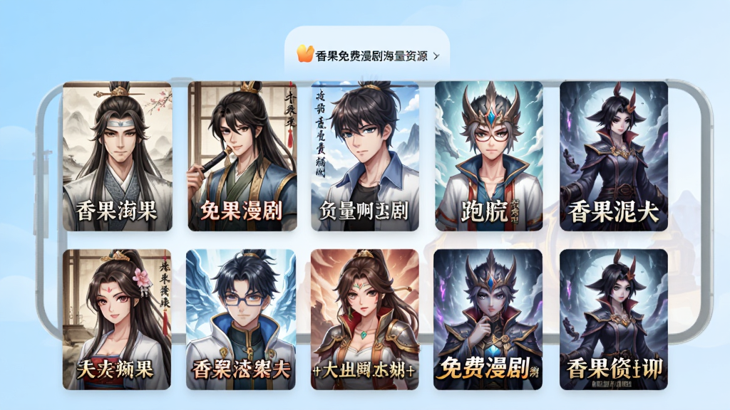 香果免费漫剧海量资源界面,画面展示手机屏幕中排列整齐的漫剧封面网格,每个封面风格各异,包含古风、现代、奇幻等元素,屏幕上方有香果免费漫剧的标签,背景为浅蓝色渐变,风格清爽干净,画质高清,无多余装饰