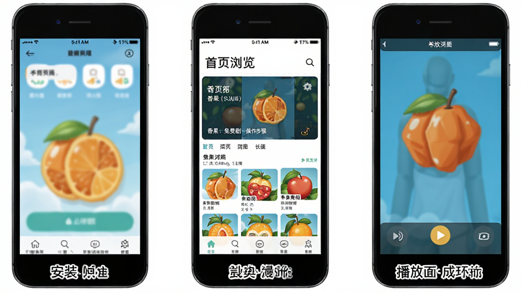 香果免费漫剧操作步骤示意图,画面分为三个手机屏幕并排展示,从左到右依次为安装界面、首页浏览界面和播放界面,每个屏幕下方有简短文字标注,风格教程图解式,色彩明亮清晰,画质高清,背景干净