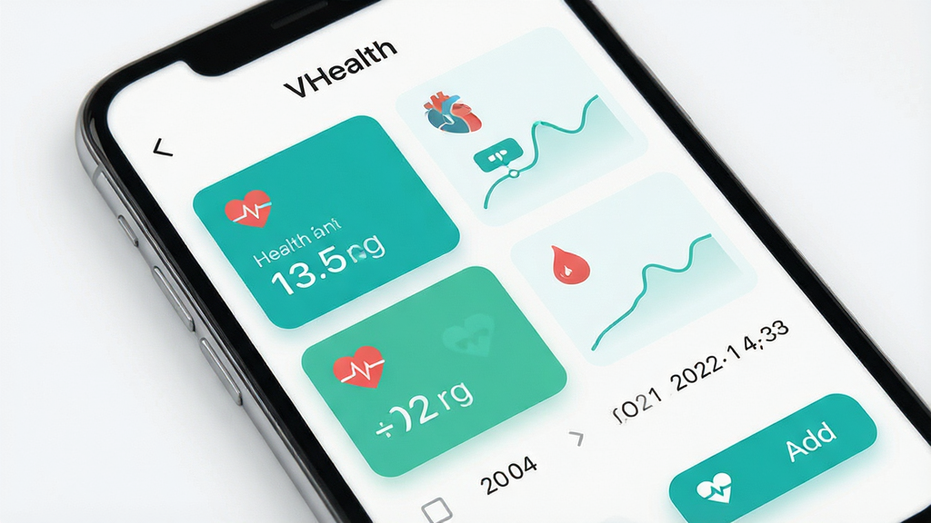 VHealth 健康数据记录功能展示图,手机屏幕显示多维度健康指标卡片,包含血压、血糖、体重、心率等图标与数值,界面排版整齐,青绿色高亮色块点缀,背景为白色磨砂质感,风格为简洁扁平化 UI 设计,细节包含数据曲线小图、日期选择器、添加按钮,画质高清,干净,无多余元素,画面中带有文字