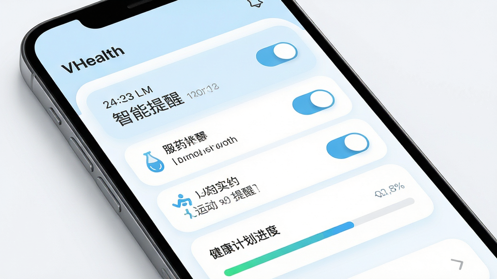 VHealth 智能提醒与计划管理界面,手机屏幕显示提醒列表与健康计划进度条,包含服药提醒、饮水提醒、运动计划等条目,界面采用柔和圆角卡片设计,浅蓝色与白色为主色调,背景干净,风格为现代移动应用 UI 展示,细节包含时间标签、开关按钮、进度环,画质高清,干净,无多余元素