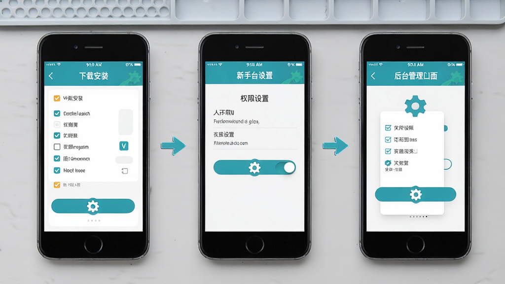 VHealth 新手安装设置流程图,画面分为三个手机屏幕并排展示,从左到右依次为下载安装界面、权限设置界面、后台管理界面,每个屏幕配有小箭头指示操作步骤,背景为浅灰色工作台,风格为教程图示风格,细节包含勾选框、开关按钮、齿轮图标,画质高清,干净,无多余元素,画面中带有文字