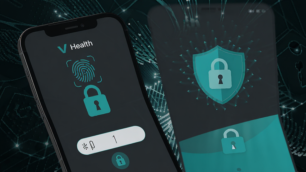 VHealth 隐私保护功能展示,手机屏幕显示应用锁验证界面与加密盾牌图标,界面简洁,深灰色与青绿色搭配,背景为抽象安全纹理,风格为安全防护主题 UI 设计,细节包含指纹图标、密码输入框、锁形标志,画质高清,干净,无多余元素