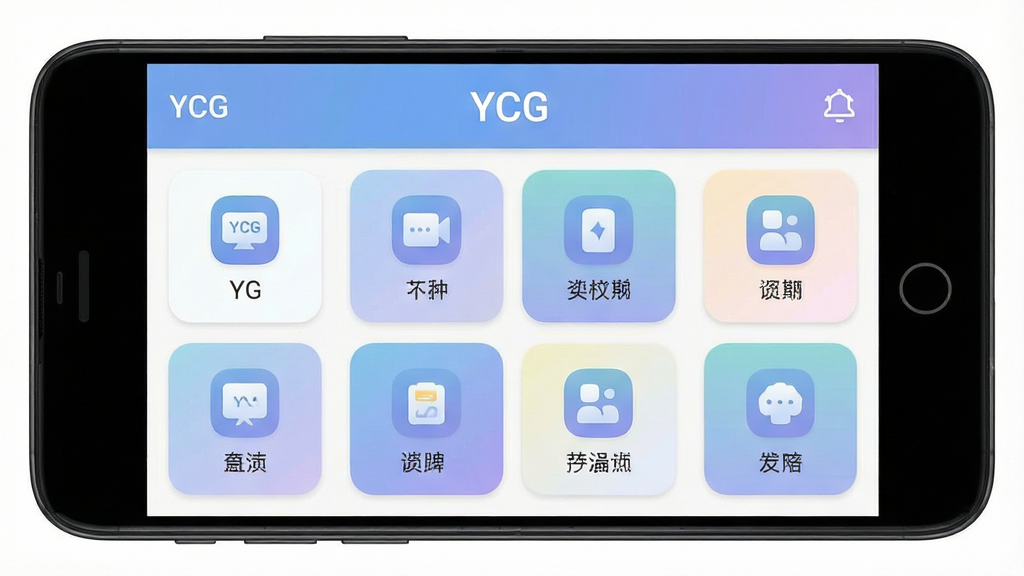 ��һ��YCG������������չʾͼ��������һ����׿�ֻ�����Ļ����ʾYCGӦ����ҳ������Ϊ�������������·����ܿ�Ƭ�����Ű���жԳƣ����Ϊ�ִ���ƽ���Ƽ��磬ϸ�ڰ���Բ��ͼ�ꡢ��ͽ��䱳�������������ֱ�ǩ��YCG��������Ϊ����2K���ɾ����޶���Ԫ��