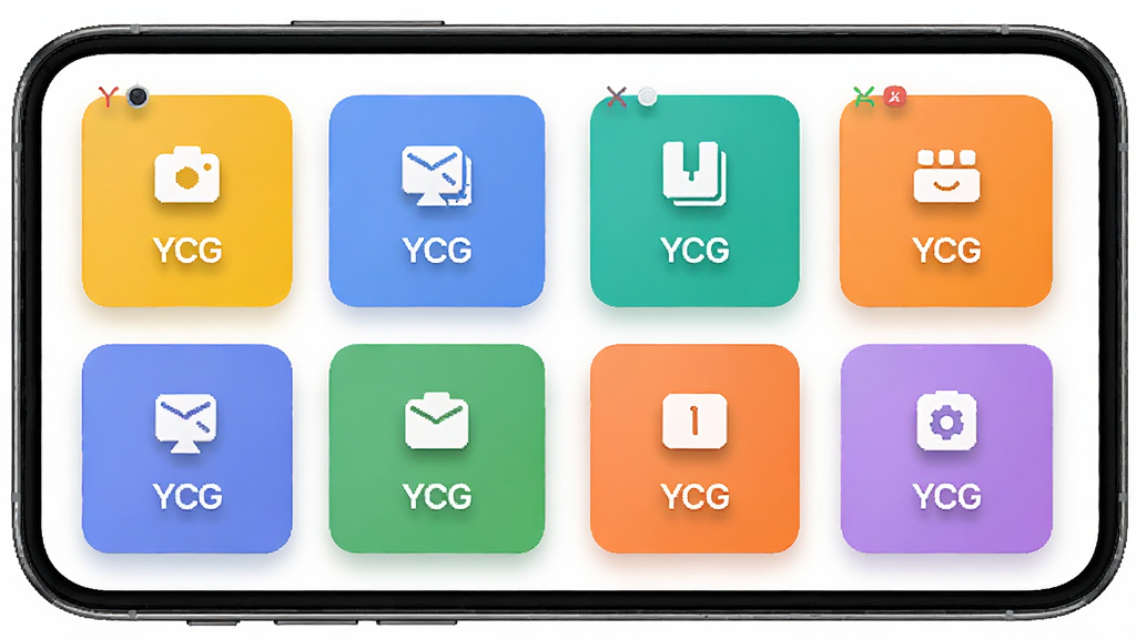 ��һ��YCG��������ģ�����ʾ��ͼ���������ֻ���Ļչʾ�����ɫ���ܿ�Ƭ������Ϊ�����������У��Ű��������򣬷��Ϊ��ԼUIչʾ�磬ϸ�ڰ�����Ƭ�ϵ�Сͼ�ꡢ���ֱ�ǩ��YCG���������Ӱ������Ϊ���塢�ɾ����޶���Ԫ��