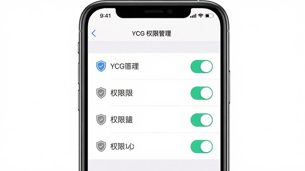 ��һ��YCG����Ȩ�޹�������ҳ��ʾ��ͼ���������ֻ���Ļ��ʾȨ�޿����б�������Ϊ�����б����У��Ű����������Ϊ��Լ���ý���磬ϸ�ڰ�������ͼ�ꡢ���ذ�ť�����֡�YCG Ȩ�޹�����������Ϊ���塢�ɾ����޶���Ԫ��