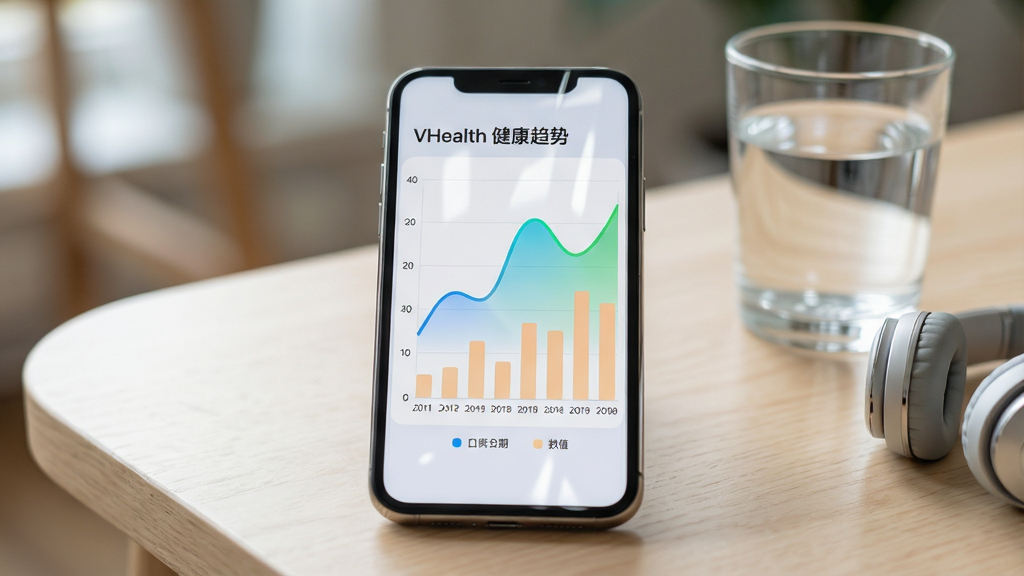 VHealth应用内健康趋势图表界面特写,画面中央展示一部手机屏幕,屏幕内呈现彩色折线图与柱状图组合,图表标题为“VHealth 健康趋势”,横轴为日期纵轴为数值,线条为蓝绿渐变,柱状为浅橙色,图表下方有图例说明,手机放置在一张浅色木纹桌面上,旁边有一杯水和一副耳机,背景虚化处理,风格为生活化产品摄影风,光线柔和自然,细节上屏幕有轻微反光,画面干净无杂物,画质为高清写实