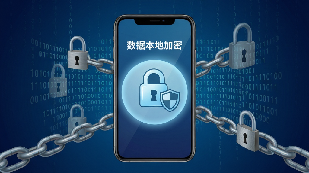 VHealth隐私保护功能示意图,画面中央一部手机屏幕显示“数据本地加密”锁形图标与盾牌标识,手机周围环绕着二进制代码流与加密锁链元素,背景为深蓝色科技感渐变,布局上手机居中,锁形图标位于屏幕中央发出淡蓝色光晕,风格为科技安全主题插画,细节上锁链有金属质感,代码流为半透明,画面干净无多余装饰,画质为高清矢量风格