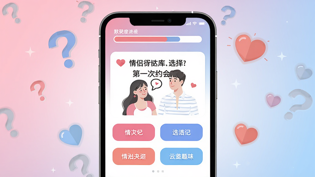 情侣游戏海量趣味题库界面预览图,画面中手机屏幕显示一道关于第一次约会的选择题,下方有四个选项按钮,屏幕上方有默契度进度条,背景是粉蓝渐变,周围漂浮着问号和爱心图标,扁平化设计风格,高清画质,画面干净整洁