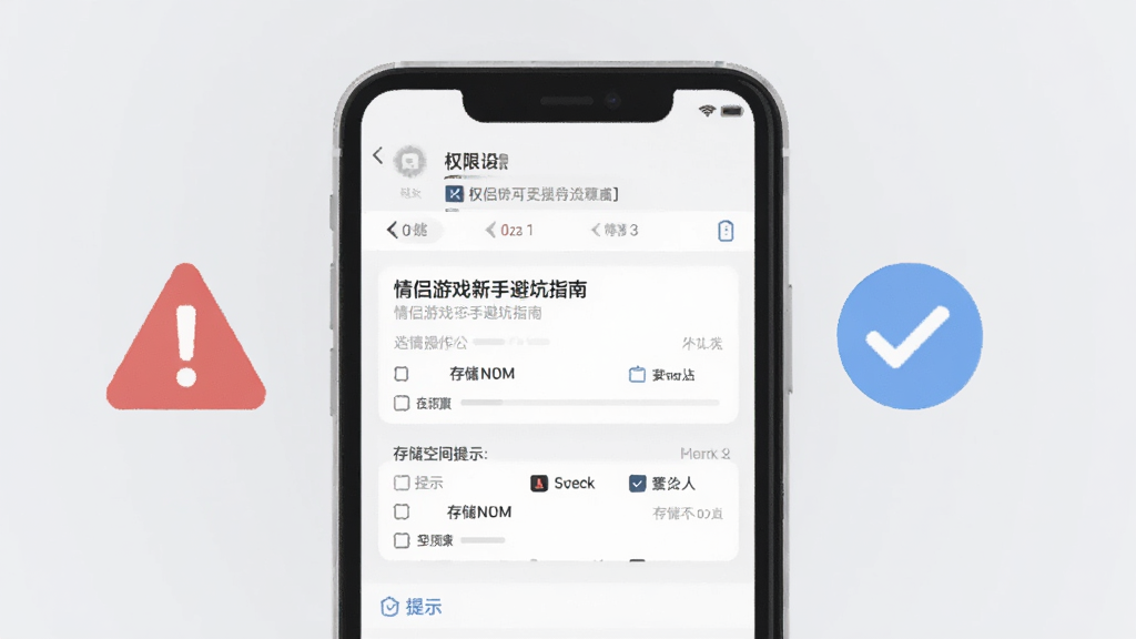情侣游戏新手避坑指南手机操作界面预览图,画面中一部手机显示权限设置页面和存储空间提示,旁边有红色警告图标和蓝色对勾图标,背景是浅灰色,扁平化设计,高清画质,画面干净无多余元素