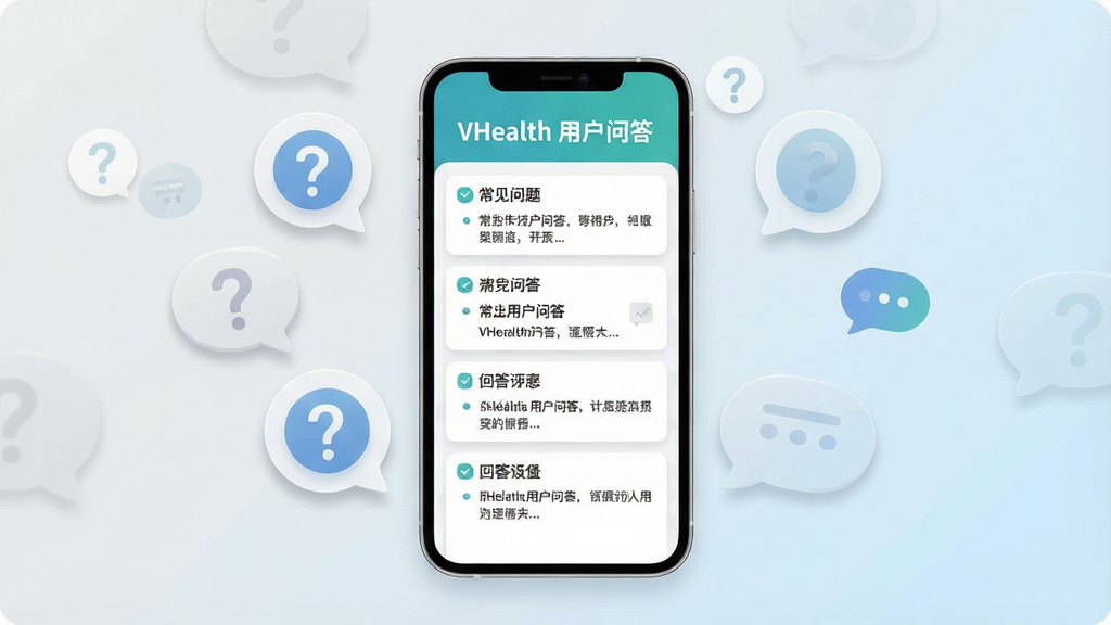 VHealth应用问答界面示意图,画面中央一部手机屏幕显示常见问题列表与回答内容,屏幕上方有“VHealth 用户问答”标题,手机周围漂浮着问号与对话气泡图标,背景为浅灰色与淡蓝色渐变,布局手机居中,气泡半透明,风格为扁平化信息图,细节上气泡有圆角与阴影,画面干净无多余装饰,画质为高清矢量
