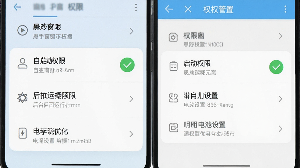 一张手机权限设置界面截图,画面展示悬浮菜单的权限管理页面,包含悬浮窗权限、自启动权限、后台运行权限、电池优化设置等选项,其中悬浮窗权限已开启显示绿色对勾,界面风格简洁明了,色调以白色和浅蓝为主,画质清晰,干净无多余元素,突出权限设置的操作指引