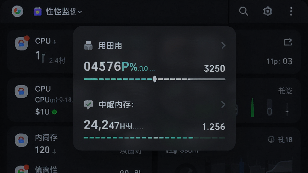 一张手机性能监控界面截图,画面显示悬浮菜单运行时的CPU占用率和内存占用数据,数值均处于较低水平,背景是手机系统信息页面,整体风格简洁科技感,色调以深色为主,画质清晰,干净无多余元素,突出悬浮菜单低功耗高兼容的特点