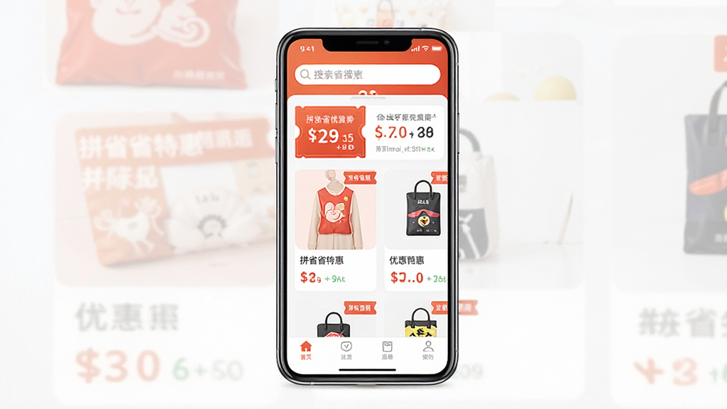 一张手机应用界面展示图,画面中央是一部竖屏智能手机,屏幕上显示名为拼省省特惠的购物省钱应用首页,顶部有搜索框,中部是横向排列的商品优惠卡片,底部是导航栏,整体采用橙红与白色搭配的暖色调,风格简洁明快,细节上突出优惠券标签和价格对比数字,画质清晰干净,无多余元素