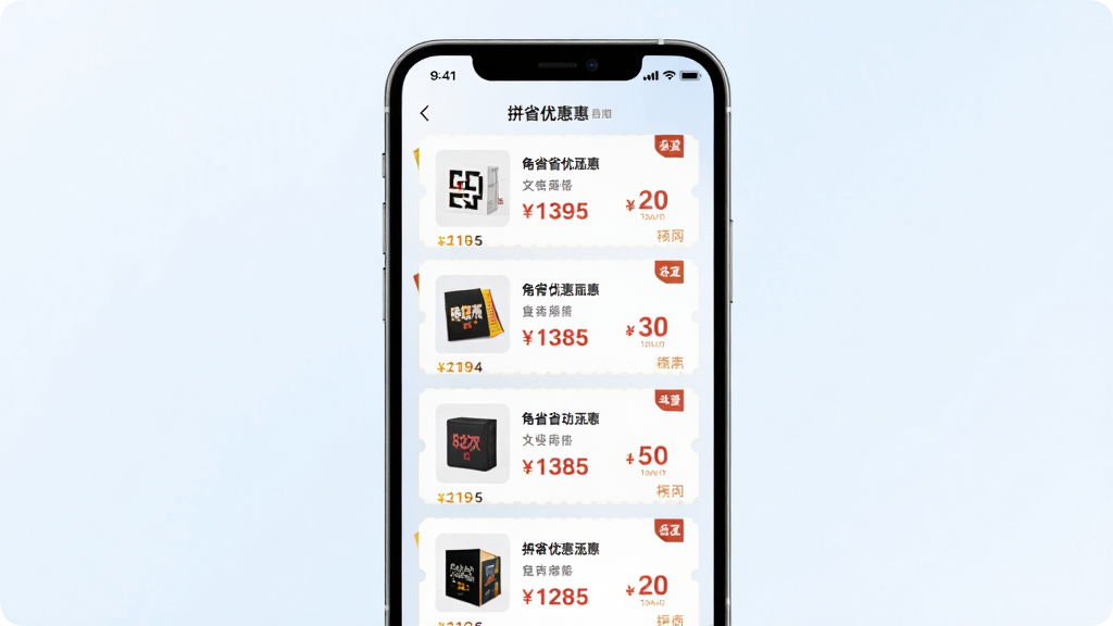 一张拼省省特惠应用的功能展示图,画面以手机屏幕为主体,屏幕内呈现多个电商平台的优惠券卡片整齐排列,每张卡片上有商品缩略图、价格标签和优惠金额,背景为浅色渐变,风格现代简洁,画质清晰干净,无多余元素