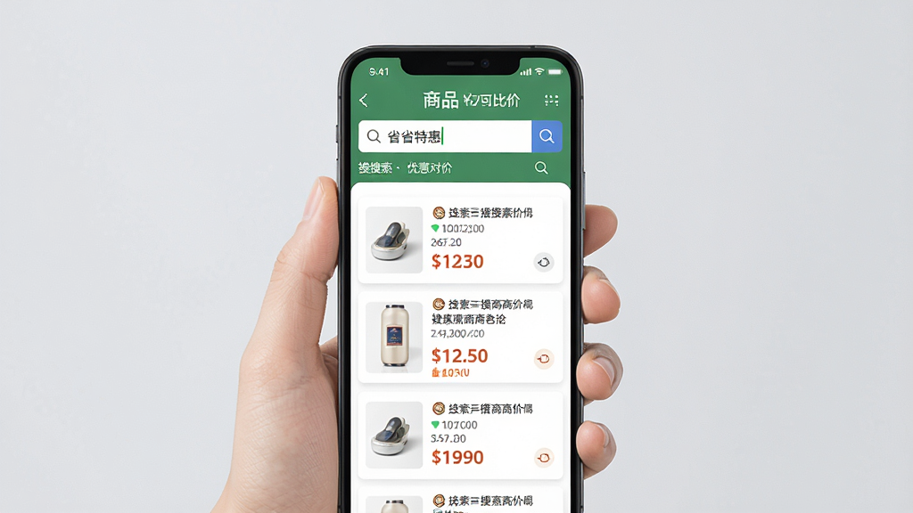 一张拼省省特惠搜索比价功能的示意图,画面中一只手拿着手机,屏幕上显示搜索框内输入了商品关键词,下方列出多个搜索结果及对应优惠价格,背景为柔和的浅灰色,风格清新自然,细节上突出价格对比,画质清晰干净,无多余元素