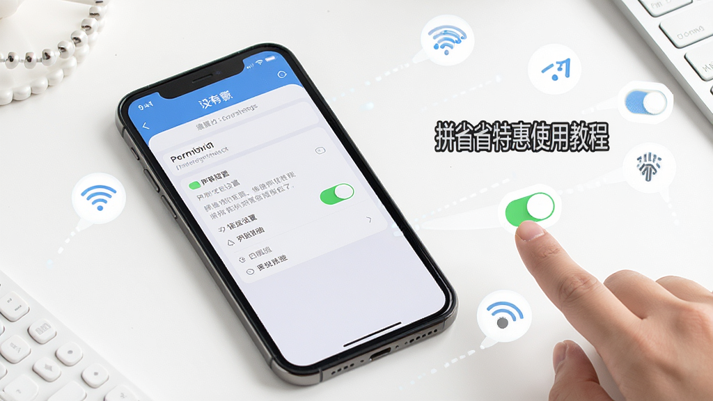 一张拼省省特惠使用教程示意图,画面中一部手机屏幕显示应用设置页面,旁边有手指点击权限开关的动作示意,背景为简洁的白色桌面,风格干净清爽,细节上突出权限设置和网络连接图标,画质清晰干净,无多余元素
