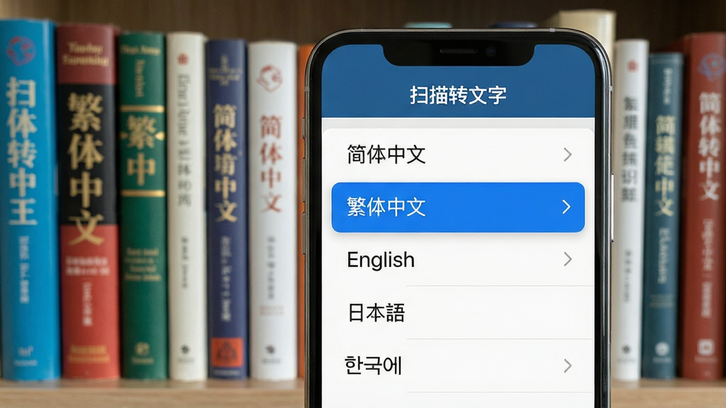 一张展示“扫描转文字王”多语言识别功能的图片,手机屏幕显示语言选择菜单,菜单中包含“简体中文”“繁体中文”“English”“日本”“”等选项,背景是书架上摆放着不同语言的书籍,风格国际化,细节上体现菜单中“简体中文”选项被选中,画质清晰,干净,无多余元素