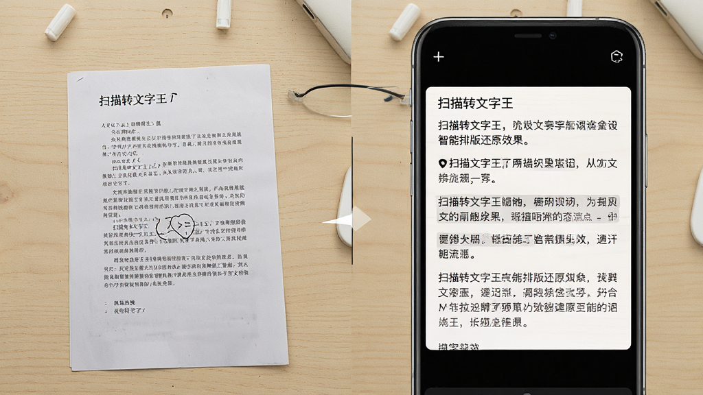 一张展示“扫描转文字王”智能排版还原效果的图片,画面左侧是一张拍摄的纸质文档照片,右侧是手机屏幕上识别后的文字结果,文字段落清晰、换行准确,背景是浅色木质桌面,风格清新自然,细节上体现左右对比效果,画质高清,干净,无多余元素
