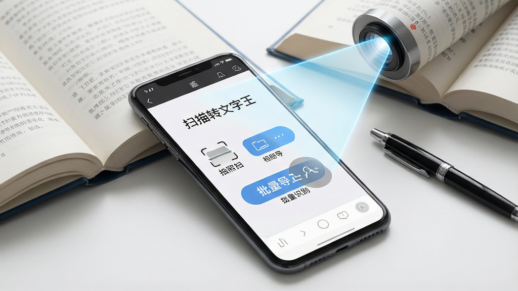 一张展示智能手机屏幕的图片,屏幕中央显示“扫描转文字王”软件主界面,界面包含拍照扫描、相册导入、批量识别三个主要按钮,背景是整洁的桌面,手机旁边放着一本翻开的书籍和一支笔,整体布局清晰,风格简约现代,细节上体现扫描光束从手机摄像头射向书本文字,画质高清,干净,无多余元素